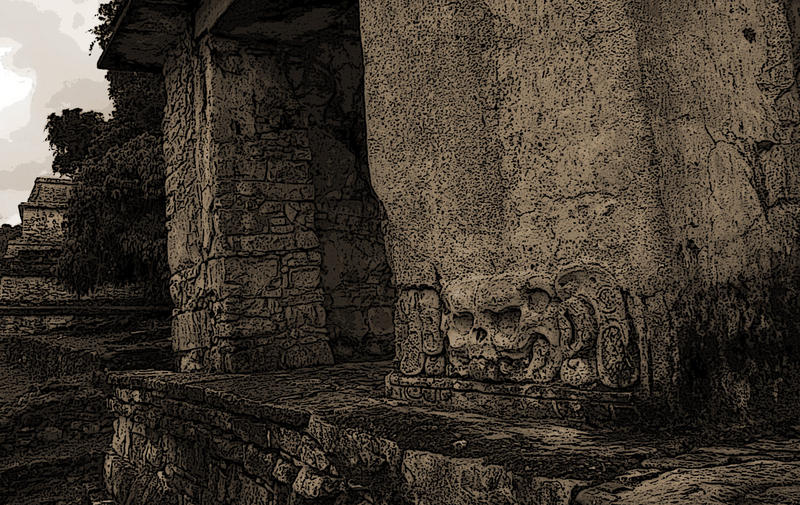 sepia toned and processed image of the temple of the skull, palenque, mexico